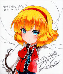 Rule 34 | 1girl, alice margatroid, artist name, bad id, bad pixiv id, blonde hair, blue eyes, blush, capelet, closed mouth, dated, grey background, hairband, looking at viewer, qqqrinkappp, short hair, signature, simple background, solo, touhou, traditional media, upper body