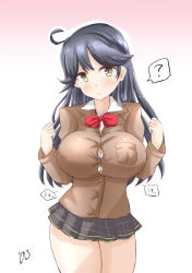 Rule 34 | 1girl, ?, ahoge, alternate costume, black hair, blazer, blue skirt, breasts, brown eyes, brown jacket, bursting breasts, commentary request, cowboy shot, gradient background, highres, jacket, kantai collection, long hair, looking at viewer, pink background, plaid, plaid skirt, pleated skirt, red neckwear, school uniform, skirt, smile, solo, spoken question mark, standing, tokiziku, ushio (kancolle), white background