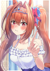 Rule 34 | 1girl, :d, absurdres, animal ears, blue skirt, blush, closed mouth, collarbone, commentary request, daiwa scarlet (umamusume), frilled shirt, frills, hair between eyes, hair ribbon, highres, horse ears, horse girl, horse tail, index finger raised, long hair, looking at viewer, open mouth, pout, red eyes, red hair, red ribbon, ribbon, shaka (staito0515), shirt, skirt, sleeveless, sleeveless shirt, slit pupils, smile, solo, tail, tiara, twintails, umamusume, white shirt