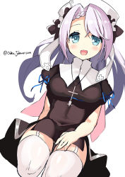 Rule 34 | 1girl, :d, azur lane, black dress, blue eyes, blue ribbon, blush, braid, braided bangs, breasts, covered navel, dress, dutch angle, garter straps, hat, highres, long hair, looking at viewer, medium breasts, ochinsama, open mouth, parted bangs, pink hair, puffy short sleeves, puffy sleeves, ribbon, short sleeves, simple background, sitting, smile, solo, thighhighs, twitter username, very long hair, vestal (azur lane), white background, white hat, white thighhighs