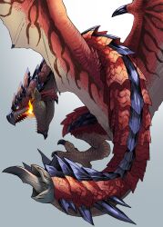 Rule 34 | absurdres, breath weapon, breathing fire, claws, dragon, fire, flying, gradient background, highres, looking back, monster, monster hunter (series), no humans, open mouth, pekoson, rathalos, sharp teeth, simple background, spiked tail, tail, teeth, wings, wyvern