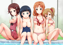 Rule 34 | 10s, 4girls, :d, :o, aqua eyes, arm support, asuna (sao), bikini, bikini top lift, blue hair, blush, breasts, breasts out, brown eyes, brown hair, casual one-piece swimsuit, cleavage, clothes lift, clothes pull, competition school swimsuit, female focus, front-tie top, hair ornament, hair ribbon, hairclip, kirigaya suguha, lisbeth (sao), long hair, long legs, looking at viewer, malcorond, multiple girls, navel, nipples, one-piece swimsuit, one-piece swimsuit pull, open mouth, orange hair, partially submerged, pool, poolside, ribbon, school swimsuit, shiny skin, short hair, short twintails, silica, sitting, small breasts, smile, soaking feet, striped bikini, striped clothes, swimsuit, sword art online, twintails, water, wet