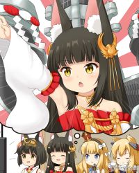 Rule 34 | 4girls, :d, ^ ^, animal ear fluff, animal ears, azur lane, bare shoulders, black hair, black hairband, blonde hair, blue eyes, blush, bow, closed eyes, commentary request, crown, cup, detached sleeves, dress, emphasis lines, flat screen tv, fork, fox ears, gloves, hair bow, hair ears, hair ornament, hairband, headgear, headpiece, holding, holding cup, holding fork, japanese clothes, kimono, long hair, long sleeves, machinery, mini crown, mitya, multiple girls, mutsu (azur lane), nagato (azur lane), open mouth, outstretched arm, queen elizabeth (azur lane), red dress, short hair, sleeveless, sleeveless kimono, smile, sparkle, steam, strapless, strapless dress, striped clothes, striped hairband, sunburst, sunburst background, television, thought bubble, tilted headwear, twitter username, v-shaped eyebrows, warspite (azur lane), white bow, white gloves, white kimono, white sleeves, wide sleeves, yellow eyes