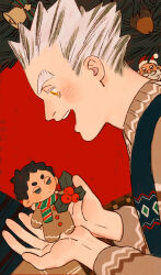 Rule 34 | 1boy, absurdres, acorn, akaashi keiji, bell, bokuto koutarou, brown sweater, character doll, chengongzi123, christmas ornaments, commentary, grey hair, haikyuu!!, hands up, highres, in palm, long sleeves, looking at object, male focus, multicolored hair, open mouth, red background, santa claus, scarf, short hair, streaked hair, sweater, symbol-only commentary, thick eyebrows, upper body, very short hair, yellow eyes