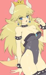 Rule 34 | 1girl, absurdres, armlet, bare shoulders, black collar, black leotard, blonde hair, blue eyes, bowsette, bracelet, breasts, cleavage, collar, crown, earrings, fingernails, highres, horns, jewelry, large breasts, leotard, long hair, looking at viewer, mario (series), murata tefu, new super mario bros. u deluxe, nintendo, open mouth, pointy ears, ponytail, sharp fingernails, sharp teeth, solo, spiked armlet, spiked bracelet, spiked collar, spiked shell, spiked tail, spikes, strapless, strapless leotard, super crown, tail, teeth, thighhighs, turtle shell, unfinished