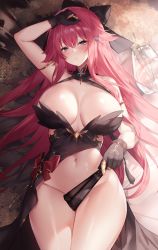 Rule 34 | 1girl, azur lane, black bow, black gloves, bow, breasts, butterfly hair ornament, chitose (azur lane), chitose (mosaic of blending colors) (azur lane), cleavage, closed mouth, covering privates, covering crotch, gloves, groin, hair bow, hair ornament, hand fan, highres, holding, holding fan, large breasts, long hair, looking at viewer, lying, navel, no panties, official alternate costume, on back, purple eyes, red hair, solo, sora 72-iro, stomach, thighs