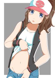 Rule 34 | 1girl, absurdres, baseball cap, blue eyes, blue shorts, blush, brown hair, clothes lift, clothes pull, collarbone, creatures (company), denim, denim shorts, game freak, grey background, groin, hat, high ponytail, highres, hilda (pokemon), lifting own clothes, long hair, looking at viewer, midriff, navel, negimiso1989, nintendo, open mouth, poke ball print, pokemon, pokemon bw, print headwear, pulling own clothes, shirt, shirt lift, short shorts, shorts, shorts pull, sleeveless, sleeveless shirt, solo, standing, stomach, two-tone background, white background, white hat, white shirt