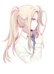 Rule 34 | 1boy, ahoge, alternate hairstyle, arm behind head, arm up, blonde hair, blue necktie, collared shirt, hair tie, hair tie in mouth, hand in own hair, hand up, highres, holding, holding hair tie, holding own hair, long hair, long sleeves, looking at viewer, makoto kagutsuchi, male focus, master detective archives: rain code, mouth hold, necktie, profile, purple eyes, qiao xing, shirt, simple background, solo, spoilers, tying hair, upper body, white background, white shirt