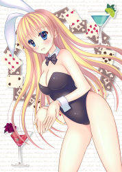 Rule 34 | 1girl, animal ears, bad id, bad pixiv id, bare legs, bare shoulders, blonde hair, blue eyes, blush, bow, bowtie, breasts, card, chalice, cleavage, cocktail, cup, detached collar, drink, fake animal ears, female focus, flower, food, fruit, glass, happy, highres, large breasts, leaning, leaning forward, legs, lemon, leotard, long hair, looking at viewer, mint, open mouth, playboy bunny, playing card, purple flower, purple rose, rabbit ears, religious offering, rose, skin tight, smile, solo, strawberry, wrist cuffs, yuzukaze rio