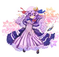 Rule 34 | 1girl, alternate costume, blush, breasts, crescent, crescent hair ornament, crescent moon, dress, flower, frilled dress, frilled sleeves, frills, hair ornament, hat, long dress, long hair, looking at viewer, medium breasts, moon, patchouli knowledge, purple eyes, purple hair, see-through, shoes, solo, tobi (nekomata homara), too many, too many frills, touhou