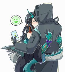 Rule 34 | 1girl, 1other, arknights, bare shoulders, bead bracelet, beads, black gloves, black hair, black jacket, blush, bracelet, cellphone, closed mouth, commentary request, doctor (arknights), dragon girl, dragon horns, dragon tail, dusk (arknights), closed eyes, gloves, highres, holding, holding phone, hood, hood up, horns, hug, jacket, jewelry, korean commentary, long hair, long sleeves, nose blush, off shoulder, phone, pointy ears, seung-aeja, simple background, spoken emoji, tail, very long hair, white background, wide sleeves