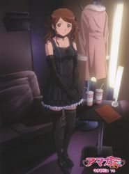Rule 34 | 1girl, absurdres, amagami, black thighhighs, blush, brown eyes, brown hair, coat, cover, drink, dvd cover, elbow gloves, gloves, goth fashion, gothic fashion, gothic lolita, highres, lolita fashion, long hair, looking at viewer, mary janes, nakata sae, non-web source, official art, pale skin, shoes, smile, solo, thighhighs, twintails, zettai ryouiki