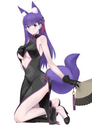 Rule 34 | 1girl, animal ear fluff, animal ears, bare shoulders, black dress, black gloves, breasts, center opening, china dress, chinese clothes, cosplay, dress, fate/grand order, fate/stay night, fate (series), folding fan, fox ears, fox girl, fox tail, gloves, hair between eyes, hand fan, highres, holding, holding fan, indian clothes, koyanskaya (chinese lostbelt outfit) (fate), koyanskaya (chinese lostbelt outfit) (fate) (cosplay), koyanskaya (fate), koyanskaya (fate) (cosplay), large breasts, long hair, looking at viewer, matou sakura, pectorals, purple eyes, purple hair, shirotsumekusa, sidepec, smile, solo, tail, tamamo (fate), tassel, underboob, white-framed eyewear