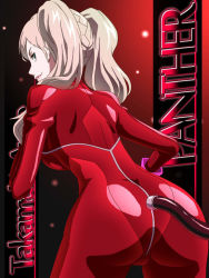 Rule 34 | 1girl, ass, awa, blonde hair, blue eyes, bodysuit, breasts, closed mouth, fake tail, gloves, long hair, looking at viewer, persona, persona 5, persona 5 the animation, smile, solo, tail, takamaki anne, twintails