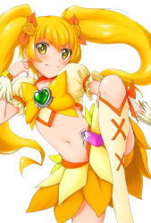 Rule 34 | 10s, 1girl, blonde hair, boots, bow, brooch, cure sunshine, fighting stance, hair ribbon, heart, heart brooch, heartcatch precure!, high heel boots, high heels, highres, kirikirimai (kkm), knee boots, leg up, long hair, magical girl, midriff, myoudouin itsuki, orange bow, precure, ribbon, skirt, smile, solo, standing, standing on one leg, twintails, wrist cuffs, yellow bow, yellow eyes