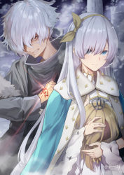 Rule 34 | 1boy, 1girl, anastasia (fate), black shirt, blue cloak, blue eyes, brown eyes, clenched teeth, cloak, closed mouth, command spell, commentary request, crown, fate/grand order, fate (series), fur-trimmed jacket, fur trim, glowing, grey jacket, hair between eyes, hair over one eye, hands up, jacket, kadoc zemlupus, light brown hair, long hair, looking at viewer, mini crown, open clothes, open jacket, parted lips, royal robe, shirt, silver hair, teeth, twitter username, tyone, very long hair