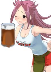 Rule 34 | 10s, 1girl, alcohol, beer, beer mug, breasts, cleavage, clothes writing, cup, highres, holding, jun&#039;you (kancolle), kantai collection, large breasts, long hair, masukuza j, mug, no legwear, one eye closed, open mouth, purple eyes, purple hair, red shorts, shorts, simple background, smile, solo, spiked hair, white background