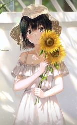 Rule 34 | 1girl, absurdres, bad id, bad pixiv id, bare shoulders, black hair, blush, braid, brown eyes, brown hair, collarbone, commentary request, cowboy shot, day, dress, flat chest, flower, hair ribbon, hand up, hat, highres, holding, holding flower, looking at viewer, original, outdoors, parted lips, ribbon, short hair, short sleeves, smile, solo, straw hat, sun hat, sundress, sunflower, sunlight, teeth, tokkyu, upper body, white dress, white ribbon