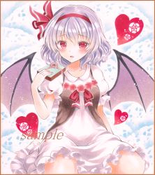 Rule 34 | 1girl, alternate costume, alternate headwear, bad id, bad pixiv id, bat wings, blush stickers, border, box, collarbone, colored pencil (medium), dress, fang, flower, gift, gift box, hair ribbon, heart, lace background, layered dress, light purple hair, looking at viewer, marker (medium), open mouth, pink flower, pink rose, potto, potto (minntochan), puffy short sleeves, puffy sleeves, red eyes, remilia scarlet, ribbon, rose, sample watermark, short sleeves, sitting, solo, touhou, traditional media, wariza, watermark, wings