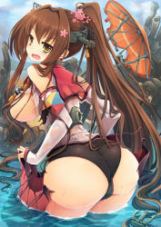 Rule 34 | 10s, 1girl, ass, black panties, breasts, brown hair, female focus, flower, from behind, goushou, hair flower, hair ornament, huge ass, kantai collection, large breasts, long hair, looking at viewer, looking back, oil-paper umbrella, open mouth, panties, partially submerged, ponytail, sideboob, solo, torn clothes, umbrella, underwear, very long hair, wading, water, wet, wet clothes, yamato (kancolle), yellow eyes