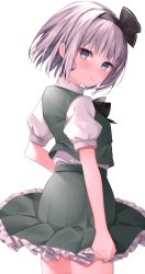 Rule 34 | 1girl, absurdres, black bow, black bowtie, black hairband, blue eyes, blush, bob cut, bow, bowtie, closed mouth, collared shirt, commentary request, cowboy shot, eyelashes, frilled skirt, frills, green skirt, green vest, hairband, highres, komomo (ptkrx), konpaku youmu, looking at viewer, looking back, pleated skirt, puffy short sleeves, puffy sleeves, shirt, short hair, short sleeves, simple background, skirt, solo, standing, touhou, vest, white background, white shirt, wing collar