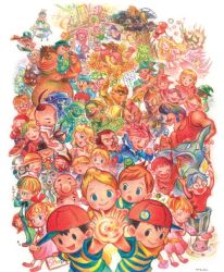 Rule 34 | 6+boys, 6+girls, ana (mother), batch, beard, black hair, blonde hair, blue hair, brown hair, character request, child, claus (mother 3), colored pencil (medium), dcmc, doseisan, duster (mother), everyone, facial hair, flint (mother 3), flower, glasses, hat, hinawa, jeff andonuts, kumatora, lloyd (mother), lucas (mother 3), magic (mother), microphone, mother (game), mother 1, mother 2, mother 3, mou., multiple boys, multiple girls, mustache, ness (mother 2), ninten, nintendo, oj, orange hair, paula (mother 2), pencil, pink hair, poo (mother 2), porky minch, quiff, scarf, shimmy zmizz, shirt, striped clothes, striped shirt, sunflower, sunglasses, teddy (mother), tonzura brothers, traditional media, translation request