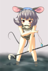 Rule 34 | 1girl, animal ears, female focus, fish, grey hair, highres, jewelry, leaning forward, mepikari, mouse ears, mouse tail, mouth hold, nazrin, one-piece swimsuit, pendant, red eyes, school swimsuit, short hair, solo, swim cap, swimsuit, symbol-shaped pupils, tail, touhou, wading, water