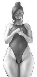 Rule 34 | 1girl, absurdres, bad id, bad pixiv id, blush, breasts, colored skin, competition swimsuit, covered erect nipples, earrings, female focus, female pubic hair, greyscale, hair bun, heart, heart-shaped pupils, highleg, highleg swimsuit, highres, ikuchan kaoru, jewelry, large breasts, looking at viewer, mole, mole under eye, monochrome, multicolored skin, one-piece swimsuit, original, pubic hair, simple background, single hair bun, solo, swimsuit, symbol-shaped pupils, white background