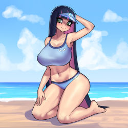 Rule 34 | 1girl, arm up, armpits, bare arms, bare legs, bare shoulders, barefoot, beach, bikini, blue bikini, blue hair, blunt bangs, blush, breasts, closed mouth, cloud, collarbone, colored inner hair, day, donburi (donburikazoku), feet, full body, green eyes, highres, kneeling, large breasts, legs, long hair, looking to the side, looking up, multicolored hair, navel, ocean, outdoors, panty &amp; stocking with garterbelt, pink hair, sky, smile, solo, sports bikini, stocking (psg), swimsuit, thighs, two-tone hair, very long hair, visor cap