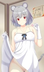 Rule 34 | animal ears, blush, cleft of venus, condom, condom wrapper, gloves, highres, jewelry, miso inpakuto, mouse ears, nazrin, necklace, nightgown, no panties, pussy, red eyes, ribbon, tail, touhou, white gloves, white hair