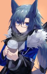 Rule 34 | 1girl, animal ears, arknights, black scarf, blue eyes, blue hair, blue jacket, coffee cup, commentary, cup, disposable cup, fang (arknights), fang (cruciata) (arknights), fur-trimmed jacket, fur trim, holding, holding cup, horse ears, jacket, long hair, looking at viewer, official alternate costume, one-hour drawing challenge, orange background, plaid, plaid scarf, sasa onigiri, scarf, semi-rimless eyewear, simple background, smile, solo, under-rim eyewear, upper body