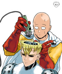Rule 34 | 2boys, :o, bags under eyes, bald, blonde hair, bodysuit, cable, cape, circuit, closed mouth, constricted pupils, cutting hair, cyborg, devovas, earrings, electric razor, genos, gloves, hairdressing, jewelry, jumpsuit, multiple boys, nervous, nervous sweating, one-punch man, open skull, red gloves, saitama (one-punch man), serious, shaded face, shaving, short hair, superhero costume, sweat, white cape, wide-eyed, yellow bodysuit, yellow jumpsuit, you&#039;re doing it wrong