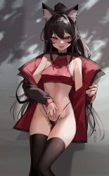 Rule 34 | 1girl, :d, absurdres, animal ear fluff, animal ears, bare shoulders, black choker, black hair, black jacket, black panties, black thighhighs, breasts, choker, commission, crop top, extra ears, gluteal fold, groin, hand on own stomach, highleg, highleg panties, highres, jacket, long hair, long sleeves, looking at viewer, medium breasts, navel, off shoulder, open clothes, open jacket, open mouth, original, panties, podo (hrodvitnir), pointy ears, ponytail, red eyes, red shirt, sbbs, second-party source, shirt, sleeveless, sleeveless shirt, smile, solo, standing, stomach, string panties, thighhighs, thighs, tongue, tongue out, underwear, very long hair, wolf ears