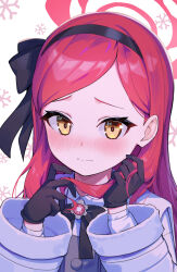 Rule 34 | 1girl, absurdres, black bow, black gloves, black hairband, blue archive, blush, bow, brown eyes, closed mouth, collared shirt, commentary request, dress, gloves, grey dress, hair bow, hairband, halo, hands up, highres, jacket, long hair, long sleeves, looking at viewer, nose blush, ohihil, puffy long sleeves, puffy sleeves, red hair, shirt, simple background, snowflakes, solo, swept bangs, takane (blue archive), upper body, white background, white jacket, white shirt, wide sleeves