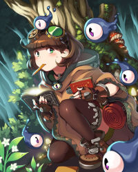 Rule 34 | 1girl, blush, book, boots, brown hair, fingerless gloves, gloves, goggles, goggles on head, green eyes, monster, mouth hold, nature, pencil, robe, short hair, solo, sweat, tenkuu no crystalia, thighhighs, tree, wooni