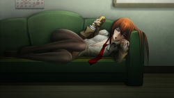 Rule 34 | 1girl, alcohol, beer, beer can, blue eyes, blush, breasts, brown jacket, brown pantyhose, calendar (object), can, collared shirt, commentary, couch, crotch seam, drink can, drunk, full body, hair between eyes, highres, holding, holding can, jacket, long hair, long sleeves, looking at viewer, loose necktie, lying, makise kurisu, necktie, on couch, on side, open clothes, open jacket, open mouth, pantyhose, pointing, pointing at viewer, raidou zero, raidouzero, red hair, red necktie, shirt, small breasts, solo, steins;gate, unbuttoned, unbuttoned shirt, white shirt