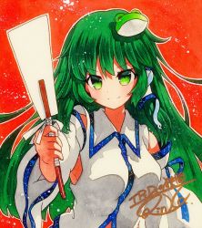 Rule 34 | 1girl, bad id, bad pixiv id, blue ribbon, breasts, closed mouth, collared shirt, detached sleeves, frog hair ornament, gohei, green eyes, green hair, hair ornament, hair tubes, holding, holding stick, kochiya sanae, long hair, looking at viewer, medium breasts, qqqrinkappp, red background, ribbon, shadow, shikishi, shirt, signature, sleeveless, sleeveless shirt, smile, snake hair ornament, solo, stick, touhou, traditional media, upper body, wide sleeves