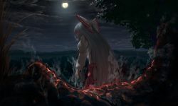 Rule 34 | 1girl, absurdres, bow, cigarette, cloud, commentary, dark, fire, forest, fujiwara no mokou, glowing, glowing eyes, grey hair, hair bow, highres, kiyonetto, long hair, long sleeves, looking at viewer, moon, nature, night, night sky, outdoors, pants, red bow, red eyes, red pants, scenery, scorch mark, shirt, sideways glance, sky, smoke, smoking, solo, touhou, very long hair, white bow, white shirt