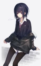 Rule 34 | 1girl, arm at side, black hair, black jacket, black pantyhose, brick, closed mouth, coat, collared shirt, expressionless, feet out of frame, fur trim, grey background, highres, jacket, long sleeves, looking at viewer, natsutora, off shoulder, open clothes, open coat, original, pantyhose, partially unbuttoned, partially unzipped, pink ribbon, purple eyes, reverse trap, ribbon, shirt, short hair, simple background, sitting, sleeves past wrists, solo, wing collar