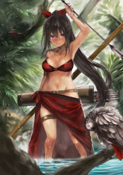 Rule 34 | 1girl, arm up, arrow (projectile), bare shoulders, belt, bikini, bikini top only, bird, bird request, black hair, bow, bow (weapon), branch, breasts, bush, cleavage, closed mouth, hair bow, hip focus, holding, holding arrow, holding bow (weapon), holding weapon, in water, jngle, legs, long hair, medium breasts, original, ponytail, purple eyes, quiver, red bikini, red bow, river, sarong, solo, standing, standing in water, swimsuit, thigh strap, toka (marchlizard), tree, very long hair, wading, weapon
