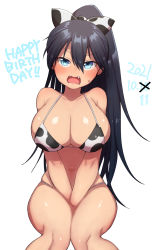 Rule 34 | 1girl, animal print, bikini, blue eyes, breasts, commentary request, cow print, fangs, ganaha hibiki, hair between eyes, happy birthday, highres, idolmaster, idolmaster (classic), konboi-eg, large breasts, looking at viewer, open mouth, ponytail, print bikini, simple background, solo, swimsuit, white background