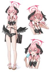 Rule 34 | 1girl, bikini, black bag, black bikini, black bow, black wings, blue archive, blush, bow, closed mouth, commentary, cropped torso, embarrassed, feathered wings, floral print, food, front-tie bikini top, front-tie top, full body, hair bow, halo, hand on own elbow, hand up, head wings, highres, holding, holding food, holding ice cream, ice cream, jorim, koharu (blue archive), koharu (swimsuit) (blue archive), long hair, looking at viewer, low twintails, low wings, multiple views, official alternate costume, open mouth, pink eyes, pink hair, pink halo, print bikini, simple background, smile, standing, swimsuit, tattoo, twintails, white background, wings