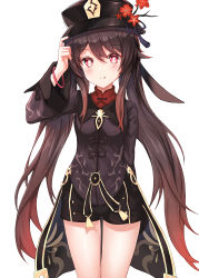 Rule 34 | 1girl, absurdres, bad id, bad pixiv id, black coat, black hat, black shorts, blush, breasts, brown hair, coat, coattails, flower, genshin impact, hat, hat flower, highres, hu tao (genshin impact), licking lips, long hair, long sleeves, looking at viewer, neon9444, neon (hhs9444), plum blossoms, red eyes, shorts, small breasts, smile, solo, symbol-shaped pupils, thighs, tongue, tongue out, twintails, very long hair