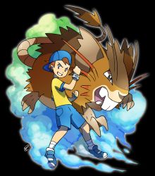 Rule 34 | 1boy, backwards hat, baseball cap, blouse, bracelet, brown hair, clenched hands, commentary, creatures (company), game freak, gen 1 pokemon, grin, hat, highres, jewelry, looking at viewer, mega pokemon, nintendo, npc trainer, official style, open mouth, parted lips, pokemon, pokemon (creature), raticate, shirt, shorts, smile, socks, sugimori ken (style), tail, tomycase, transparent background, yellow shirt, youngster (pokemon), youngster joey