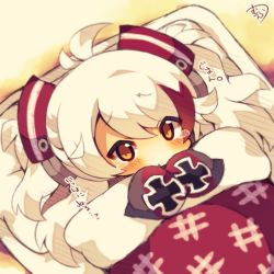 Rule 34 | 1girl, antenna hair, azur lane, blush, chibi, commentary request, crying, crying with eyes open, futon, hair ornament, highres, looking at viewer, lying, multicolored hair, muuran, on back, orange eyes, parted lips, prinz eugen (azur lane), red hair, signature, sleeves past wrists, solo, streaked hair, tears, white hair