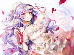 Rule 34 | 1girl, :q, absurdres, ajax (azur lane), alternate costume, arm ribbon, azur lane, bad id, bad pixiv id, beret, blush, breasts, bridal veil, bride, choker, cleavage, collar, collarbone, dress, elbow gloves, flower, frilled choker, frills, gloves, hair ornament, hairclip, hand on own head, hand to own head, haribo kanten, hat, heart collar, highres, layered dress, long hair, looking at viewer, lying, medium breasts, partially submerged, petals, purple hair, red eyes, ribbon, rose, see-through, see-through sleeves, smile, solo, strapless, strapless dress, tongue, tongue out, two side up, veil, water, wedding dress, white dress, white flower, white gloves, white hat, white rose