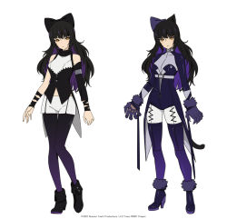 Rule 34 | 1girl, ankle boots, black hair, blake belladonna, boots, cat ear, cat gloves, full body, highres, leggings, long hair, official art, rwby, rwby ice queendom, simple background, solo, very long hair, white background