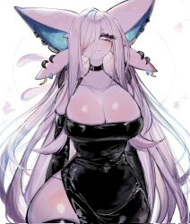 Rule 34 | animal ears, breasts, choker, cleavage, colored sclera, creatures (company), dress, ear piercing, earrings, espeon, furry, furry female, game freak, gen 2 pokemon, highres, jewelry, large breasts, long hair, looking at viewer, moon, moon earrings, navel, nintendo, one eye covered, piercing, pokemon, pokemon (creature), purple fur, purple hair, purple sclera, side slit, smile, thick thighs, thighhighs, thighs, usa37107692, very long hair, white eyes, wide hips