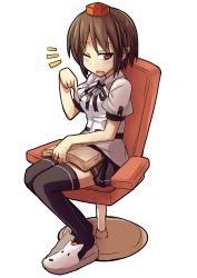 Rule 34 | 1girl, black thighhighs, blush, book, brown hair, chair, full body, glasses, hat, highres, looking at viewer, miniskirt, one eye closed, pointy ears, puffy short sleeves, puffy sleeves, red eyes, shameimaru aya, short hair, short sleeves, sitting, skirt, sleepy, slippers, solo, tanakara, tears, thighhighs, tokin hat, touhou, wavy mouth, yawning, zettai ryouiki