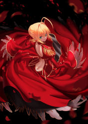 Rule 34 | 10s, 1girl, absurdres, ahoge, black background, blonde hair, braid, butt crack, chyffon, duplicate, epaulettes, fate/extra, fate (series), french braid, from above, from behind, green eyes, highres, long sleeves, md5 mismatch, nero claudius (fate), nero claudius (fate) (all), nero claudius (fate/extra), resolution mismatch, short hair, simple background, solo, source smaller